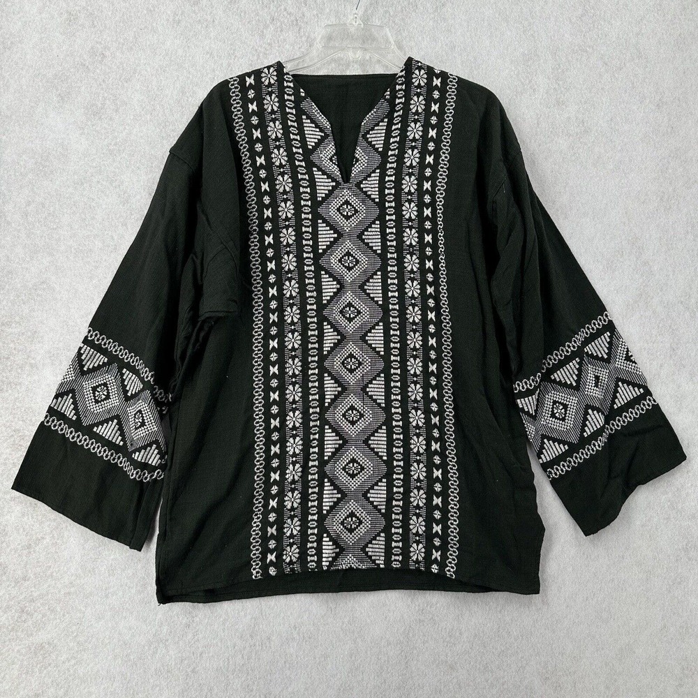 Hippie Embroidered Top Women MEDIUM Hipster Southwestern Aztec Black White Shirt